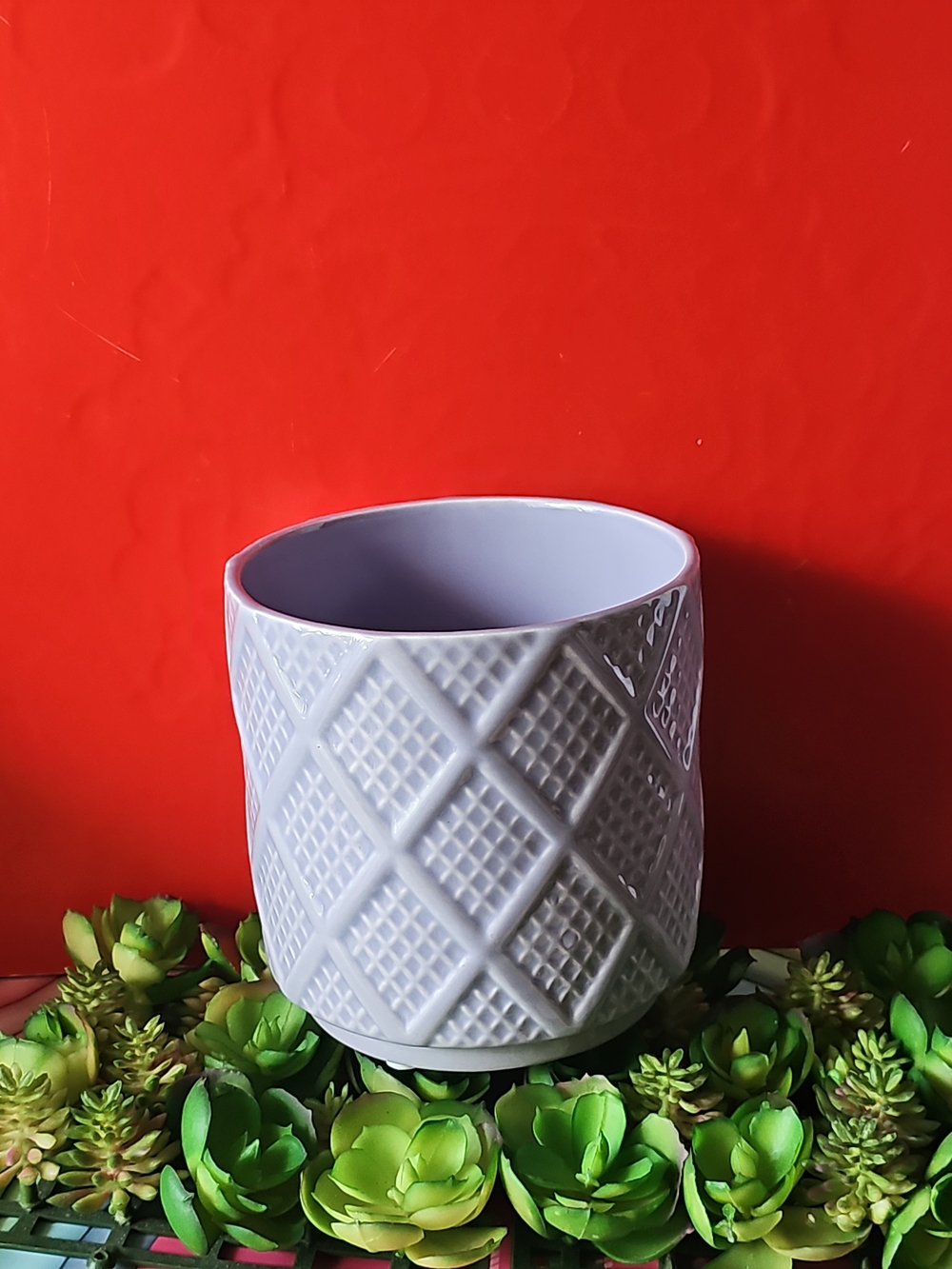 GCG Oberlin Ceramic Planter Bromeliad Deco Purple Embossed Lattice Design